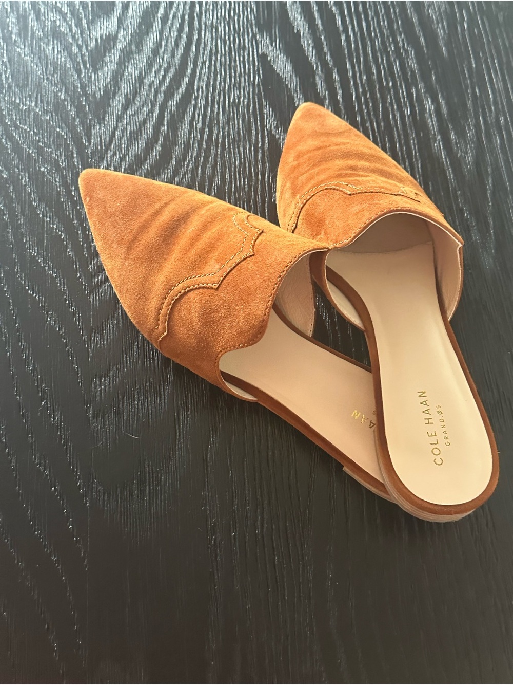 Cole Haan Suede Pointed-Toe Slip-On Mules in Rust Brown